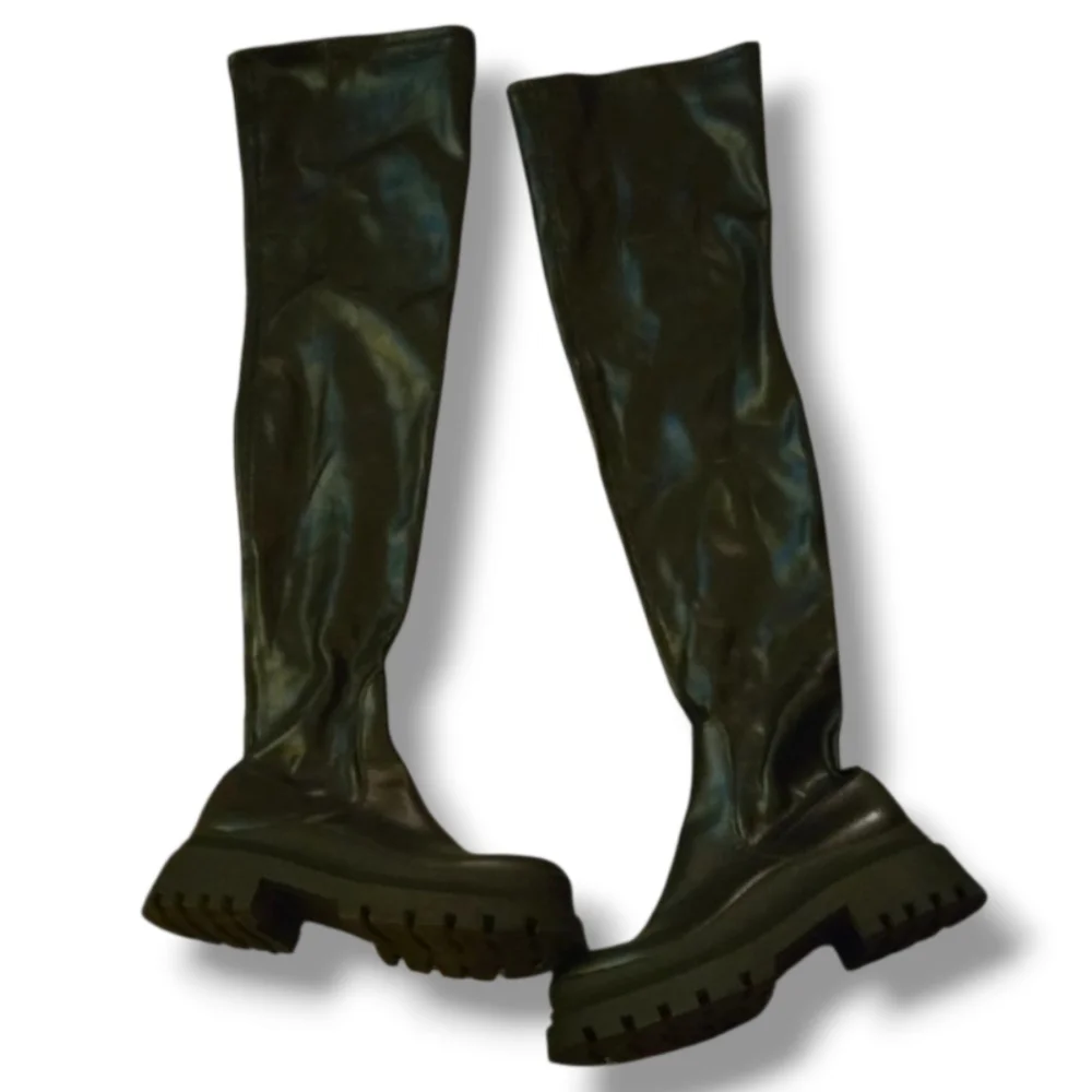 Zara Black Faux Leather Over The Knee Lug Boots - Picture 1 of 5